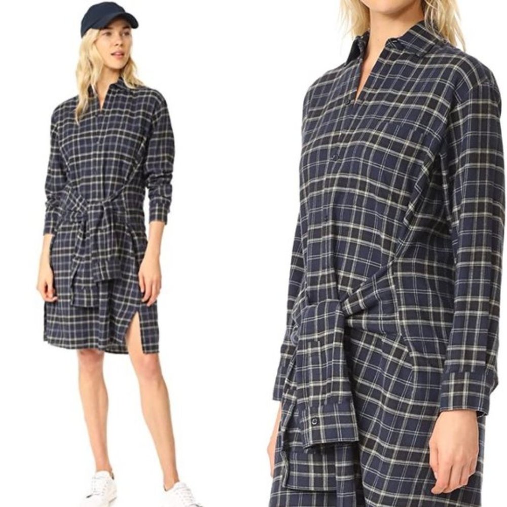 Vince Multi Plaid Tie Front Dress Coastal Blue